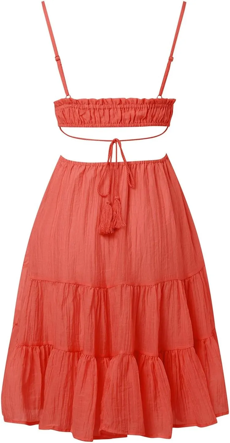 Party Dresses for Women Spaghetti Strap Short Beach Vacation Dress Sleeveless Ruffle Tiered Flowy A Line Mini Sundress