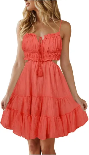 Party Dresses for Women Spaghetti Strap Short Beach Vacation Dress Sleeveless Ruffle Tiered Flowy A Line Mini Sundress