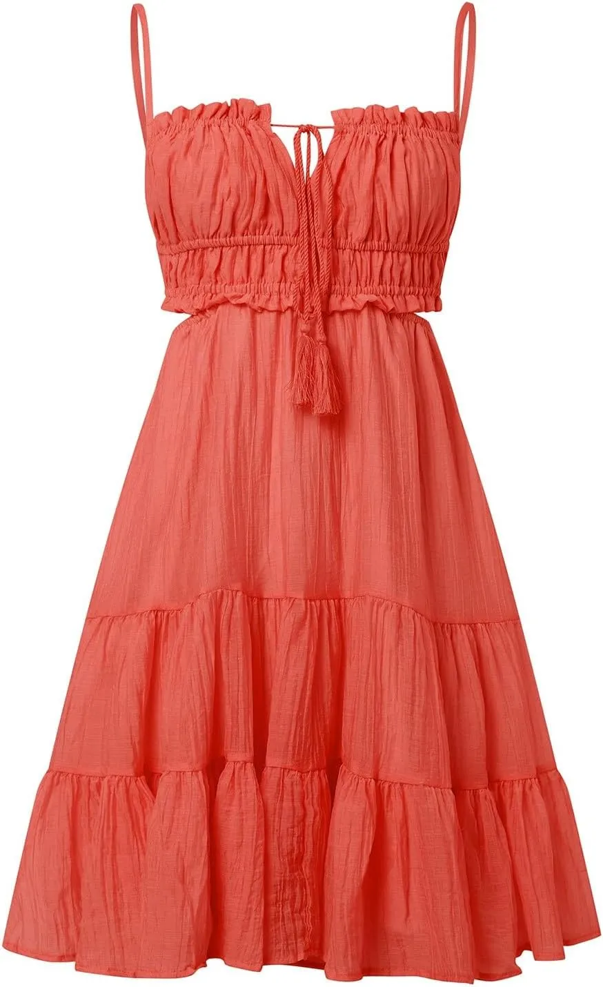 Party Dresses for Women Spaghetti Strap Short Beach Vacation Dress Sleeveless Ruffle Tiered Flowy A Line Mini Sundress