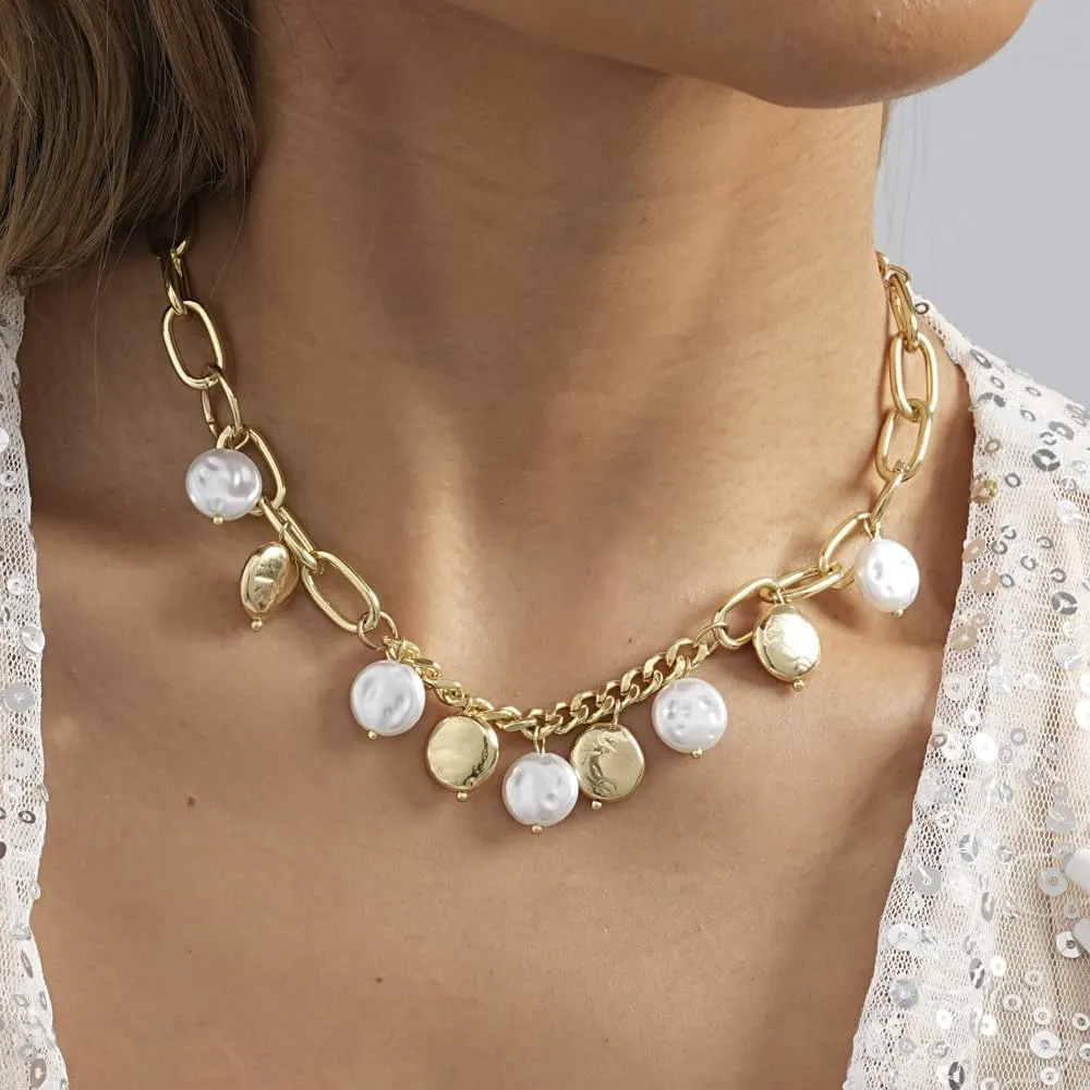 Pearl Choker Necklace Gold Boho Coin Pendant Necklaces Layering Short Necklace Chain for Women