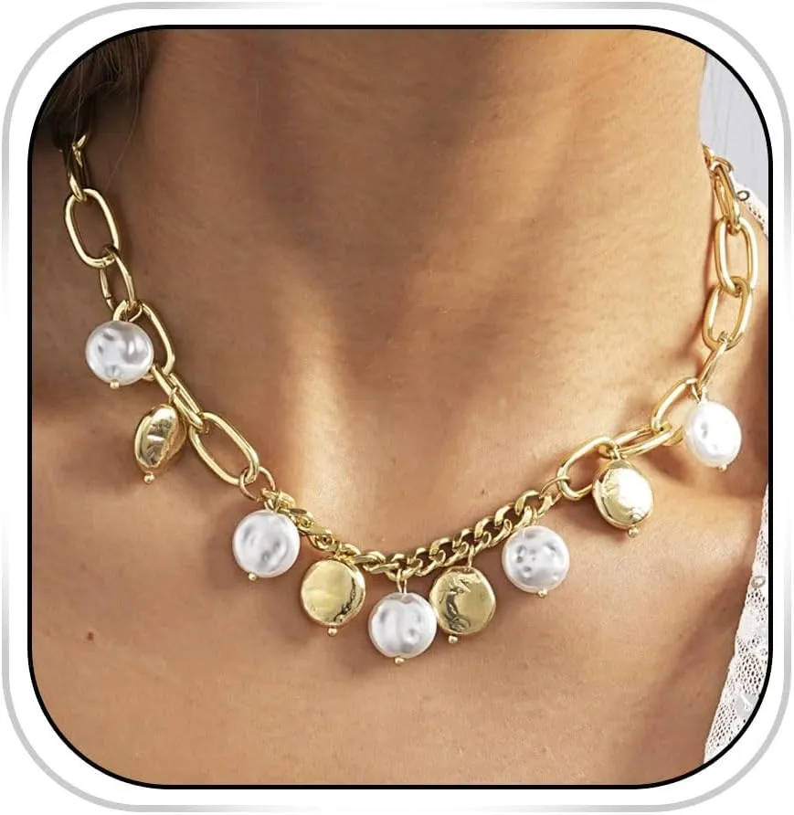Pearl Choker Necklace Gold Boho Coin Pendant Necklaces Layering Short Necklace Chain for Women