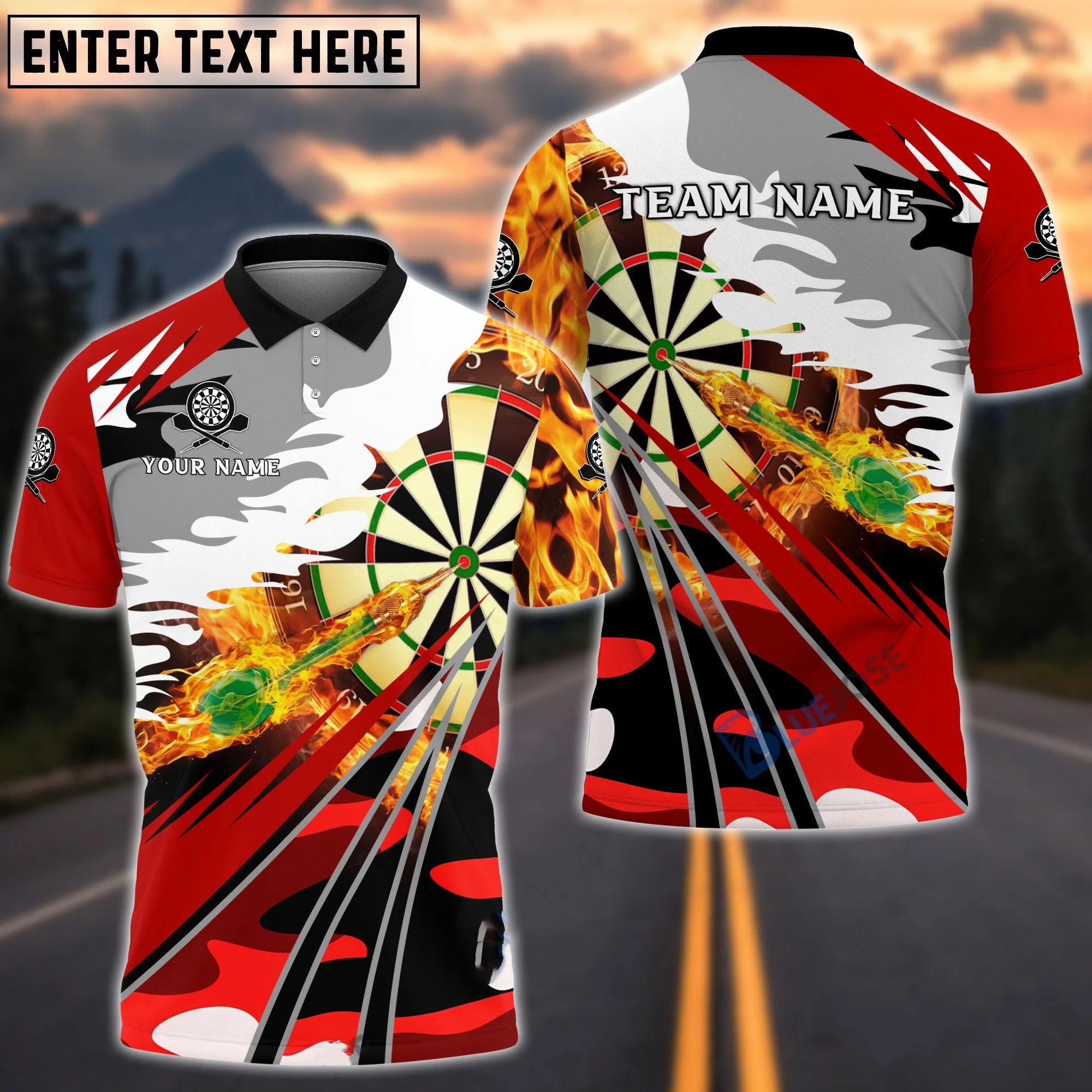 Personalized Name Team Dart Board Fire Splash Polo Shirt, Idea Gift for Dart Players
