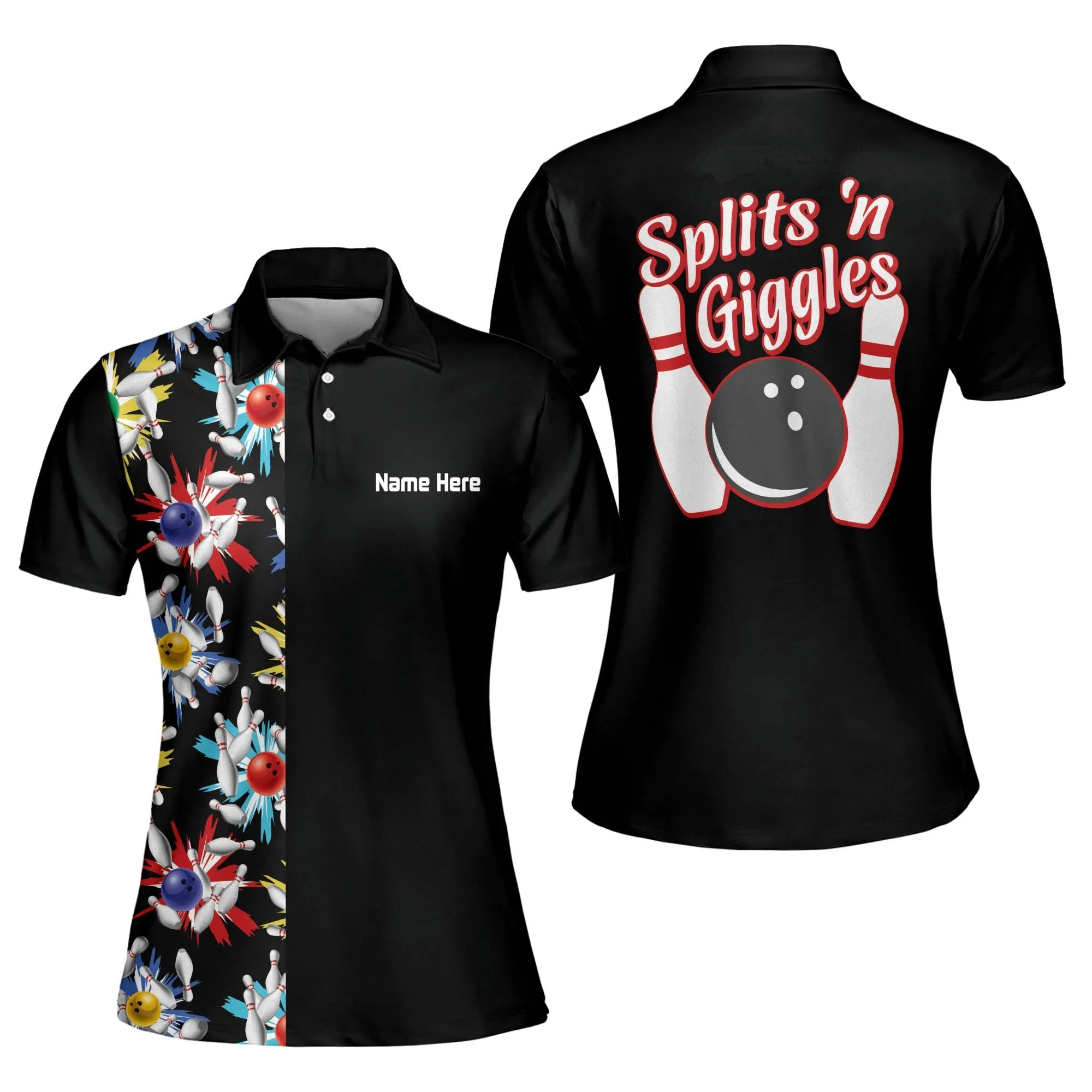 Personalized Splits 'n Giggles Black Bowling Women Polo Shirt, Gift for Bowler