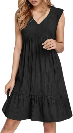 Petite Summer Dresses for Women Casual Sleeveless V Neck Mini Dress Pleated Flowy Ruffle A Line Swing Beach Sundress