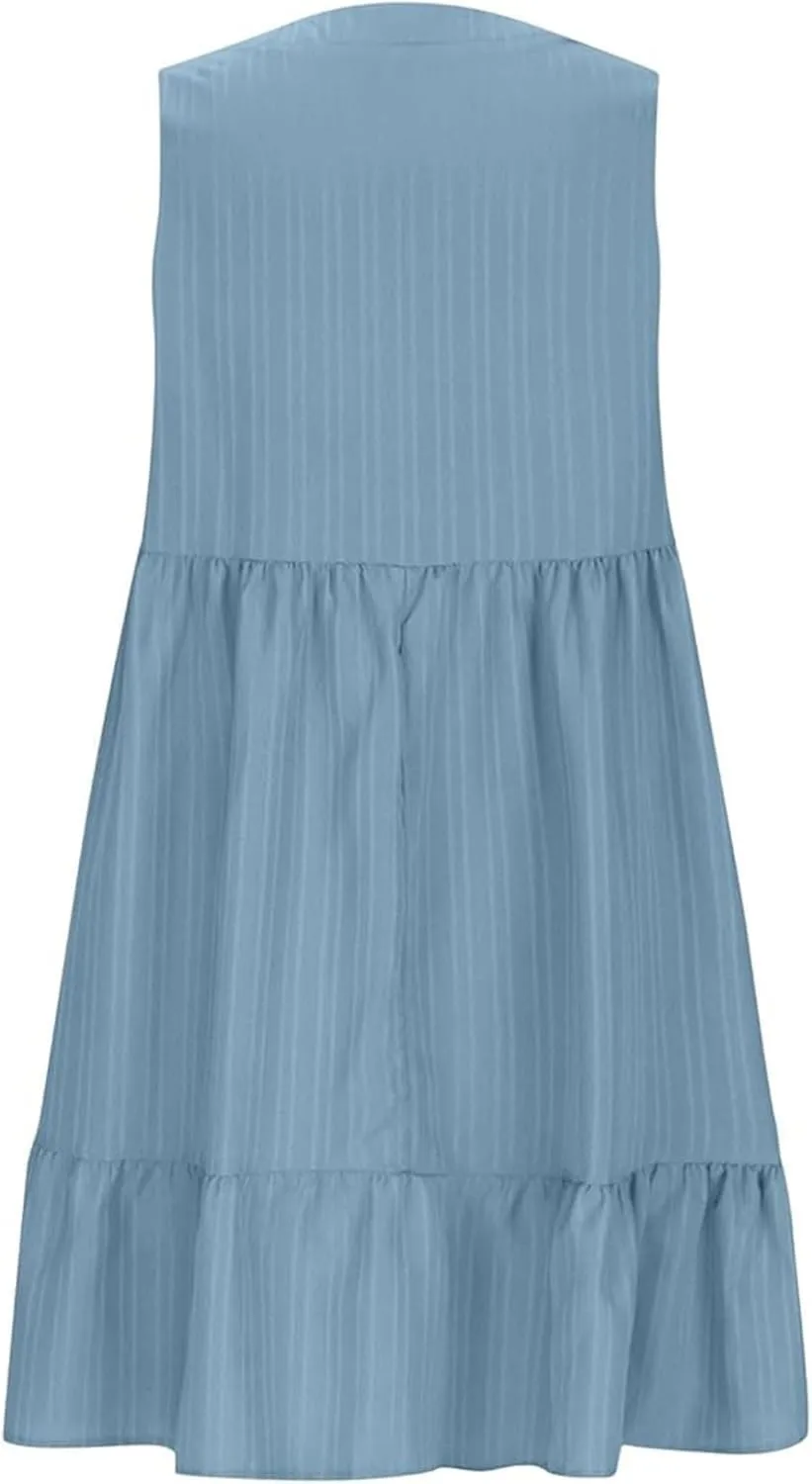 Petite Summer Dresses for Women Casual Sleeveless V Neck Mini Dress Pleated Flowy Ruffle A Line Swing Beach Sundress