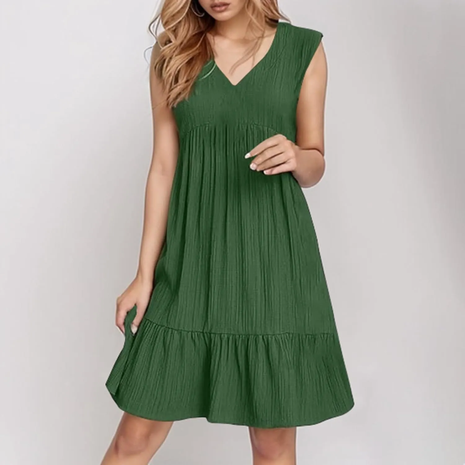 Petite Summer Dresses for Women Casual Sleeveless V Neck Mini Dress Pleated Flowy Ruffle A Line Swing Beach Sundress