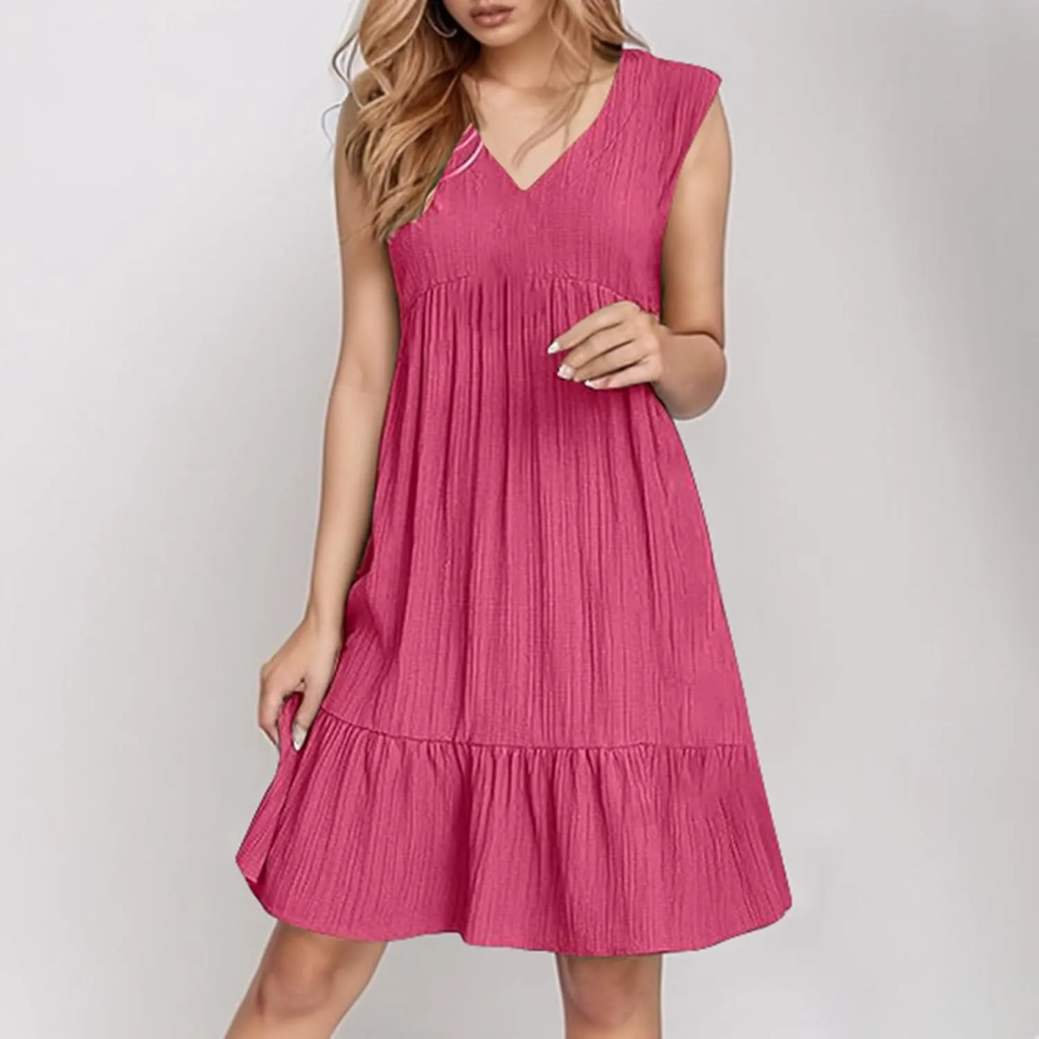 Petite Summer Dresses for Women Casual Sleeveless V Neck Mini Dress Pleated Flowy Ruffle A Line Swing Beach Sundress