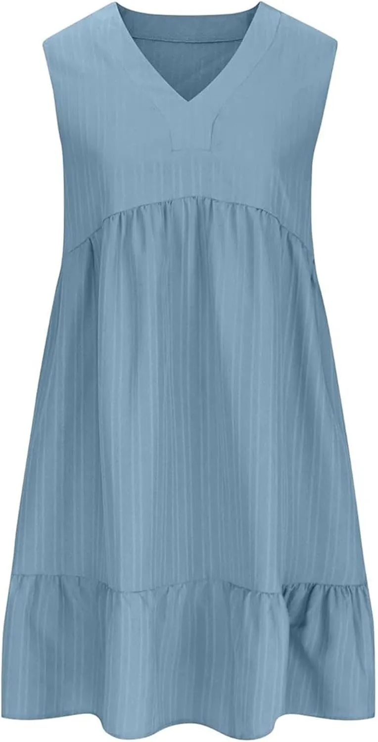 Petite Summer Dresses for Women Casual Sleeveless V Neck Mini Dress Pleated Flowy Ruffle A Line Swing Beach Sundress