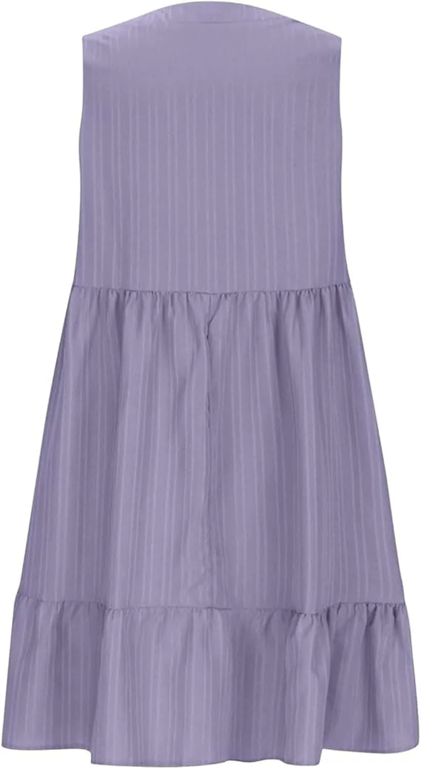 Petite Summer Dresses for Women Casual Sleeveless V Neck Mini Dress Pleated Flowy Ruffle A Line Swing Beach Sundress