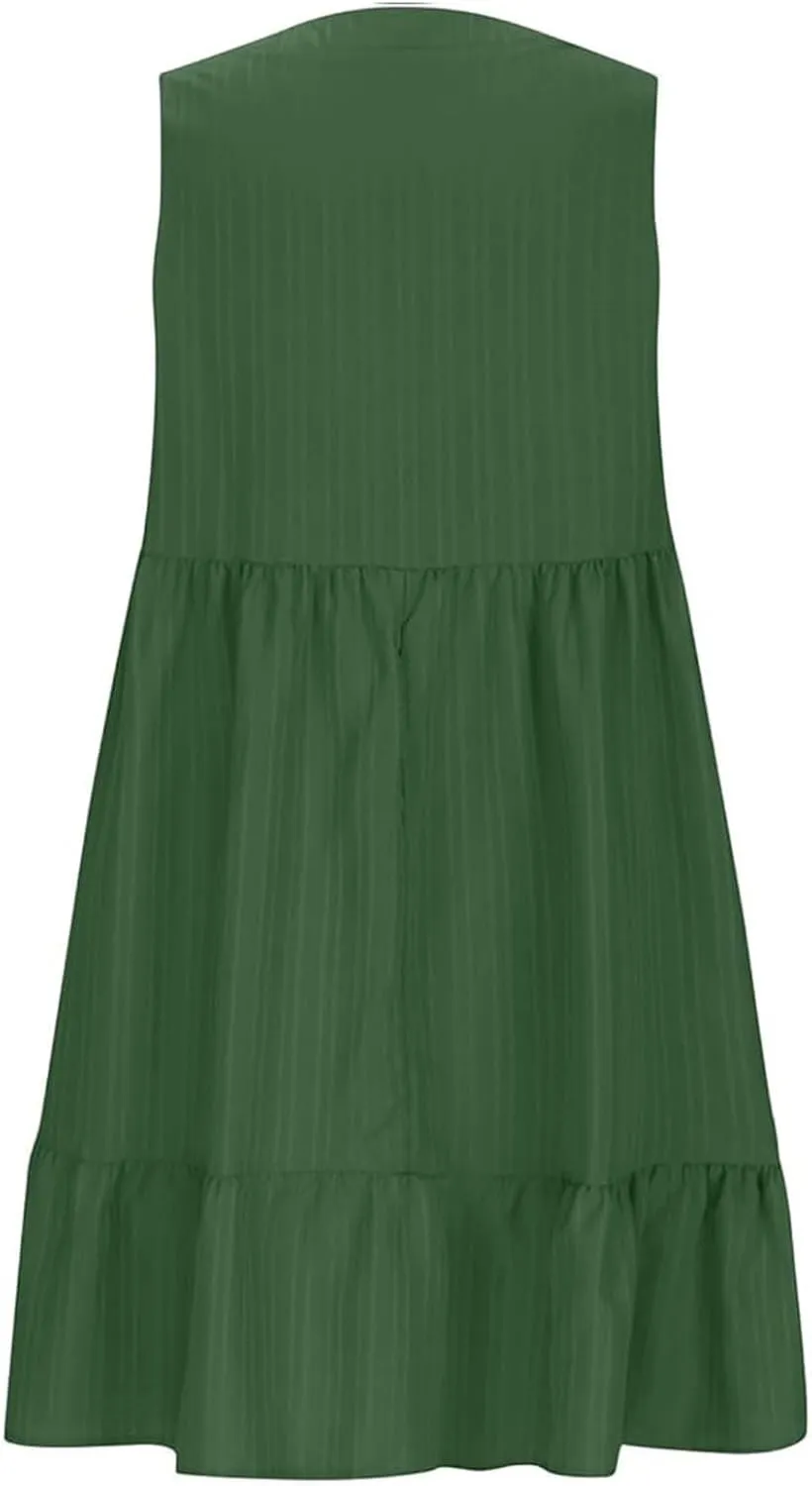 Petite Summer Dresses for Women Casual Sleeveless V Neck Mini Dress Pleated Flowy Ruffle A Line Swing Beach Sundress