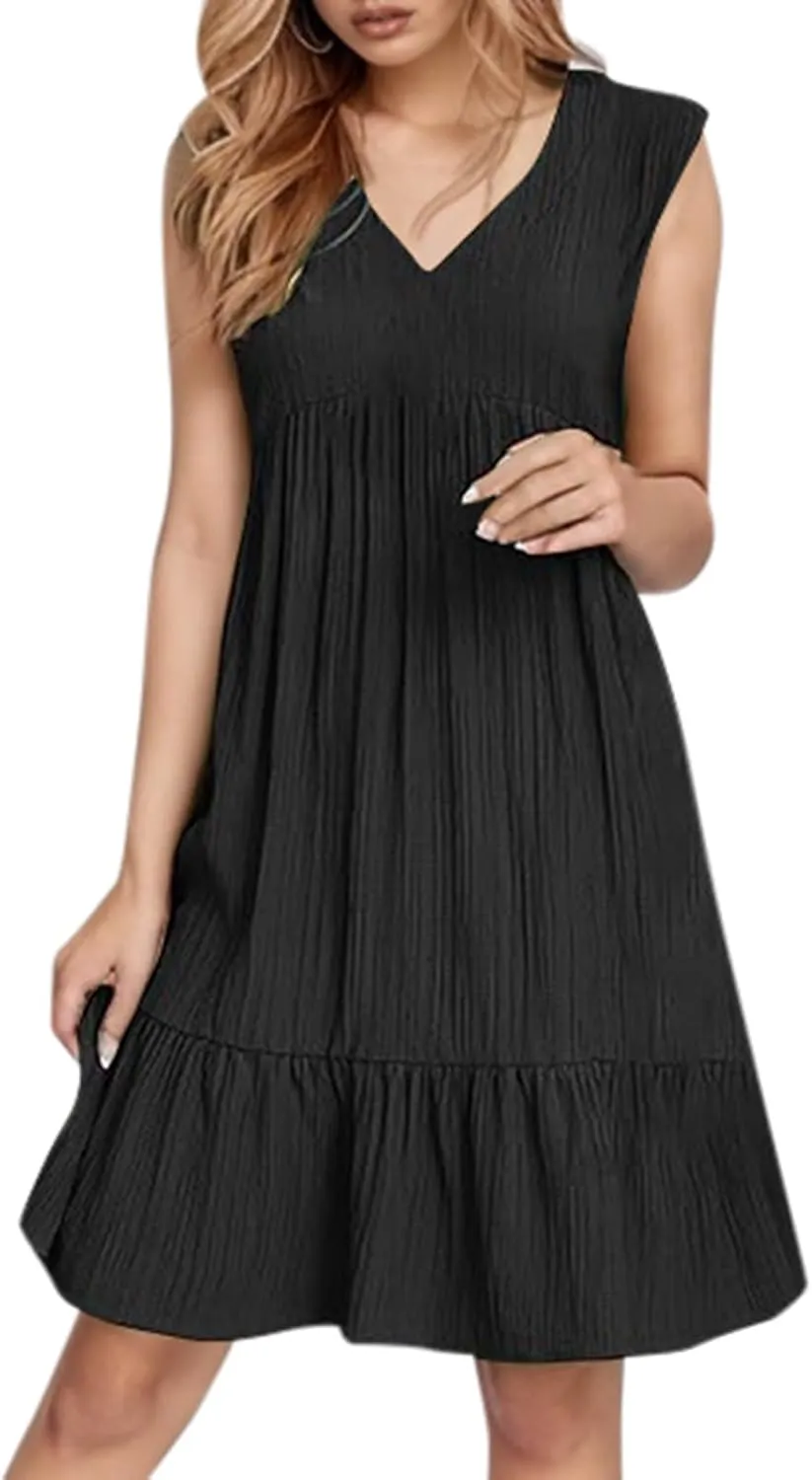 Petite Summer Dresses for Women Casual Sleeveless V Neck Mini Dress Pleated Flowy Ruffle A Line Swing Beach Sundress