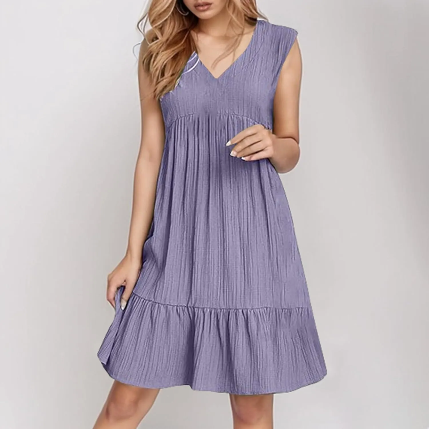 Petite Summer Dresses for Women Casual Sleeveless V Neck Mini Dress Pleated Flowy Ruffle A Line Swing Beach Sundress