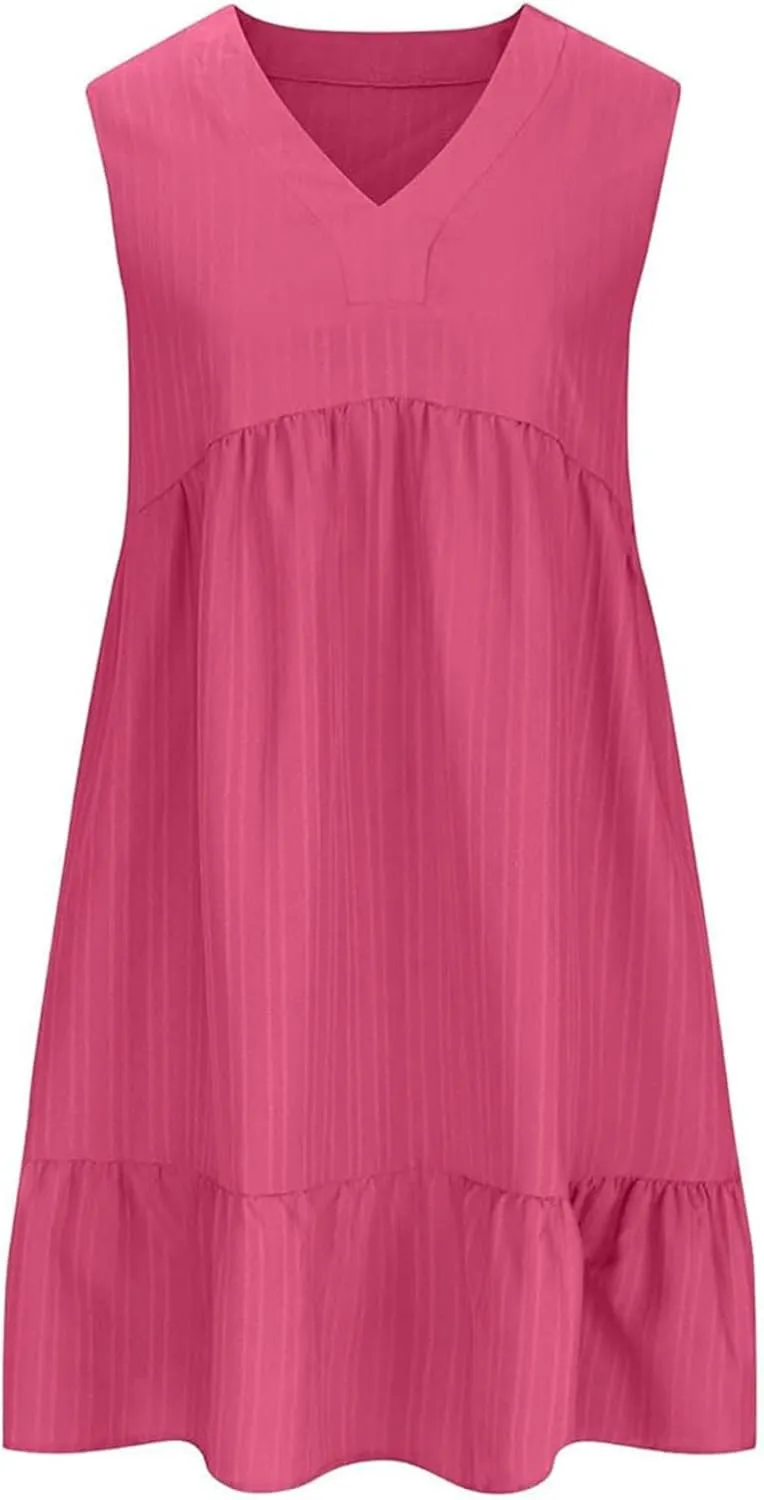 Petite Summer Dresses for Women Casual Sleeveless V Neck Mini Dress Pleated Flowy Ruffle A Line Swing Beach Sundress
