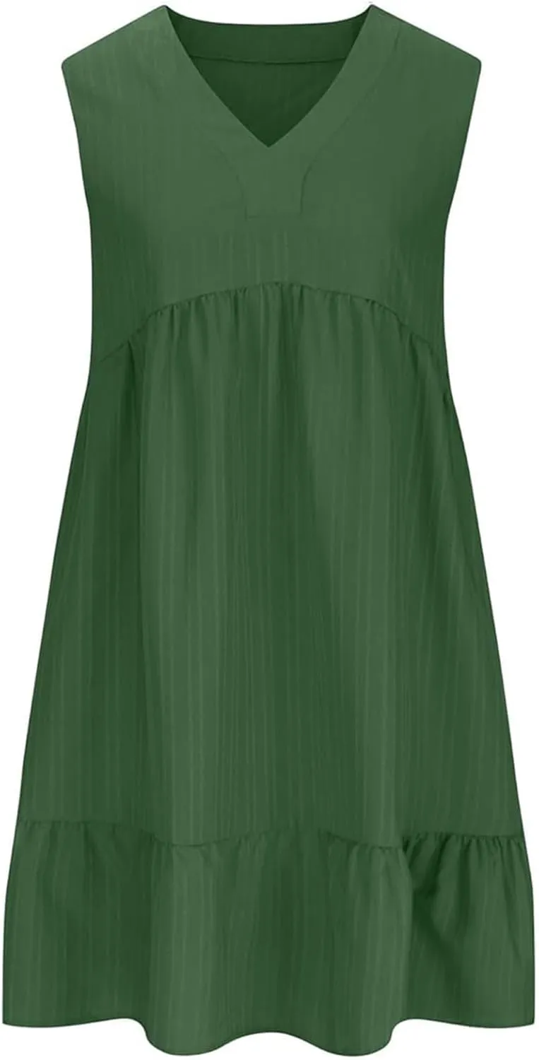Petite Summer Dresses for Women Casual Sleeveless V Neck Mini Dress Pleated Flowy Ruffle A Line Swing Beach Sundress