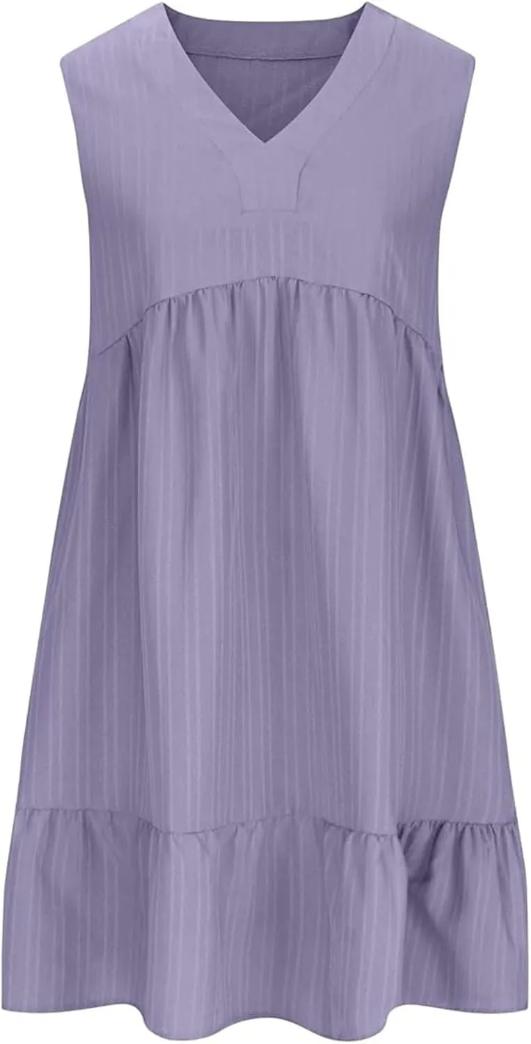 Petite Summer Dresses for Women Casual Sleeveless V Neck Mini Dress Pleated Flowy Ruffle A Line Swing Beach Sundress