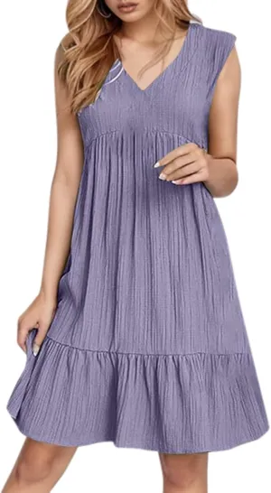 Petite Summer Dresses for Women Casual Sleeveless V Neck Mini Dress Pleated Flowy Ruffle A Line Swing Beach Sundress