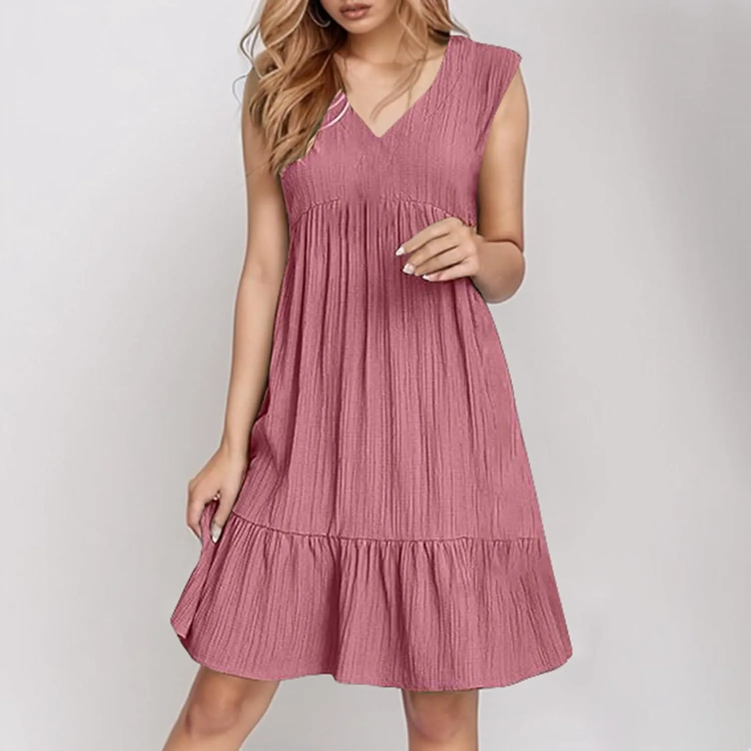 Petite Summer Dresses for Women Casual Sleeveless V Neck Mini Dress Pleated Flowy Ruffle A Line Swing Beach Sundress