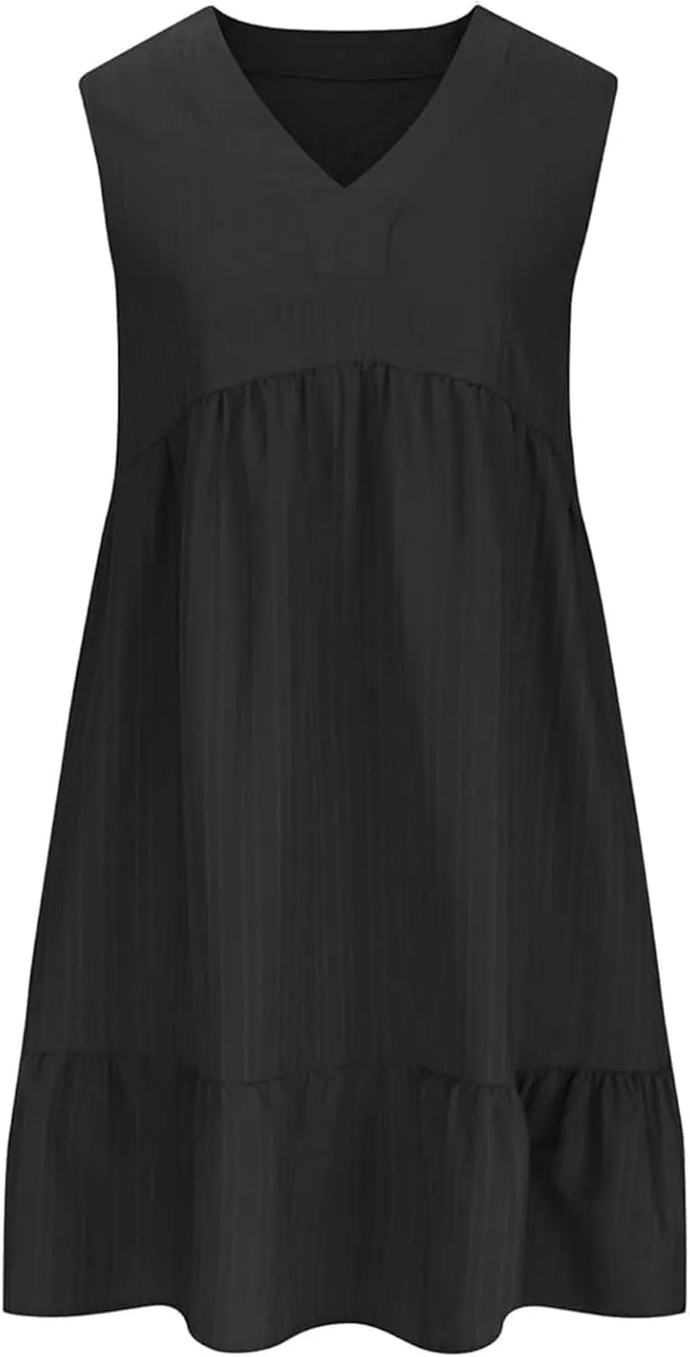 Petite Summer Dresses for Women Casual Sleeveless V Neck Mini Dress Pleated Flowy Ruffle A Line Swing Beach Sundress