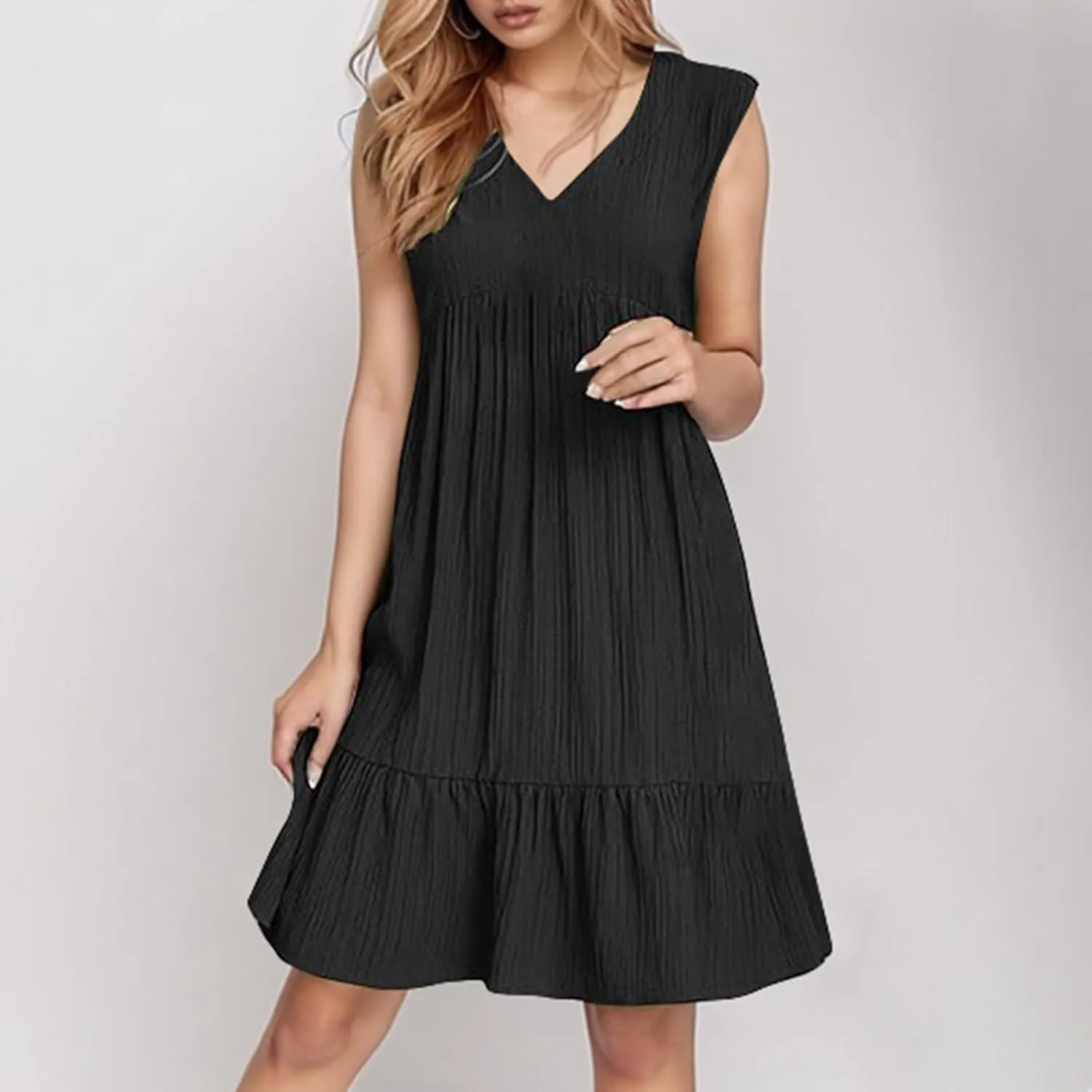 Petite Summer Dresses for Women Casual Sleeveless V Neck Mini Dress Pleated Flowy Ruffle A Line Swing Beach Sundress
