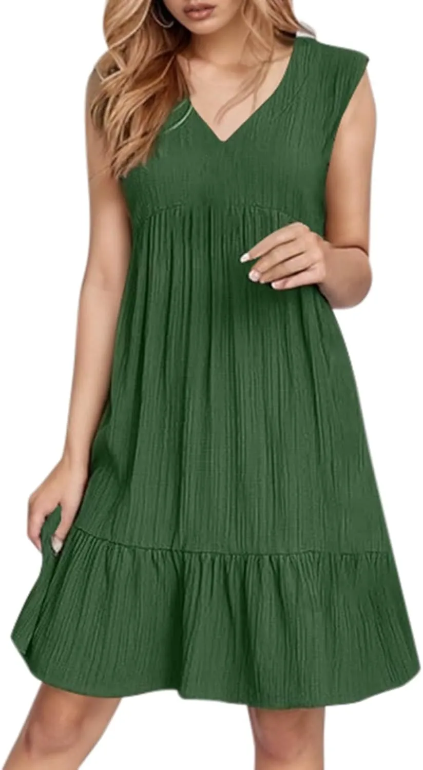 Petite Summer Dresses for Women Casual Sleeveless V Neck Mini Dress Pleated Flowy Ruffle A Line Swing Beach Sundress