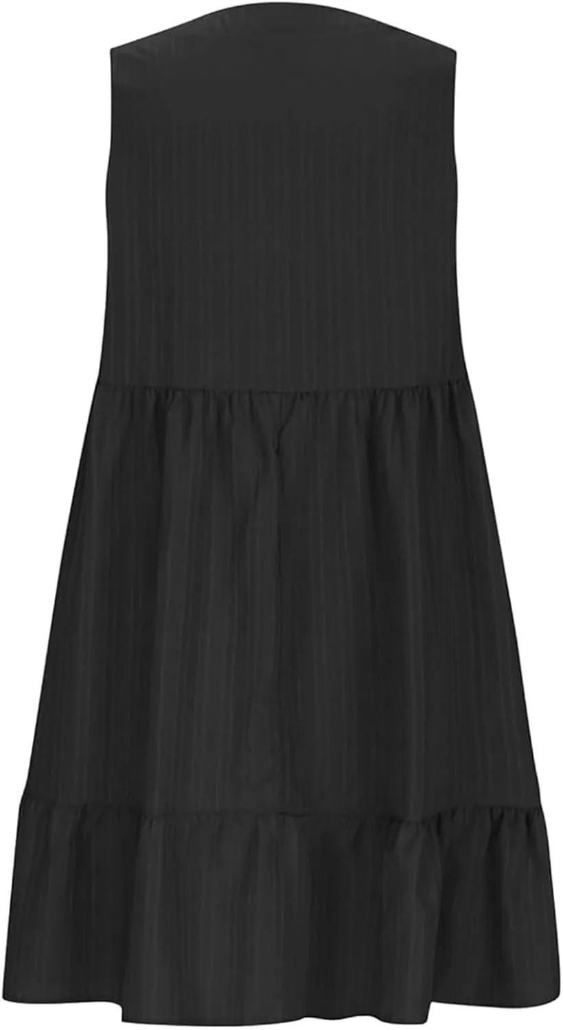 Petite Summer Dresses for Women Casual Sleeveless V Neck Mini Dress Pleated Flowy Ruffle A Line Swing Beach Sundress