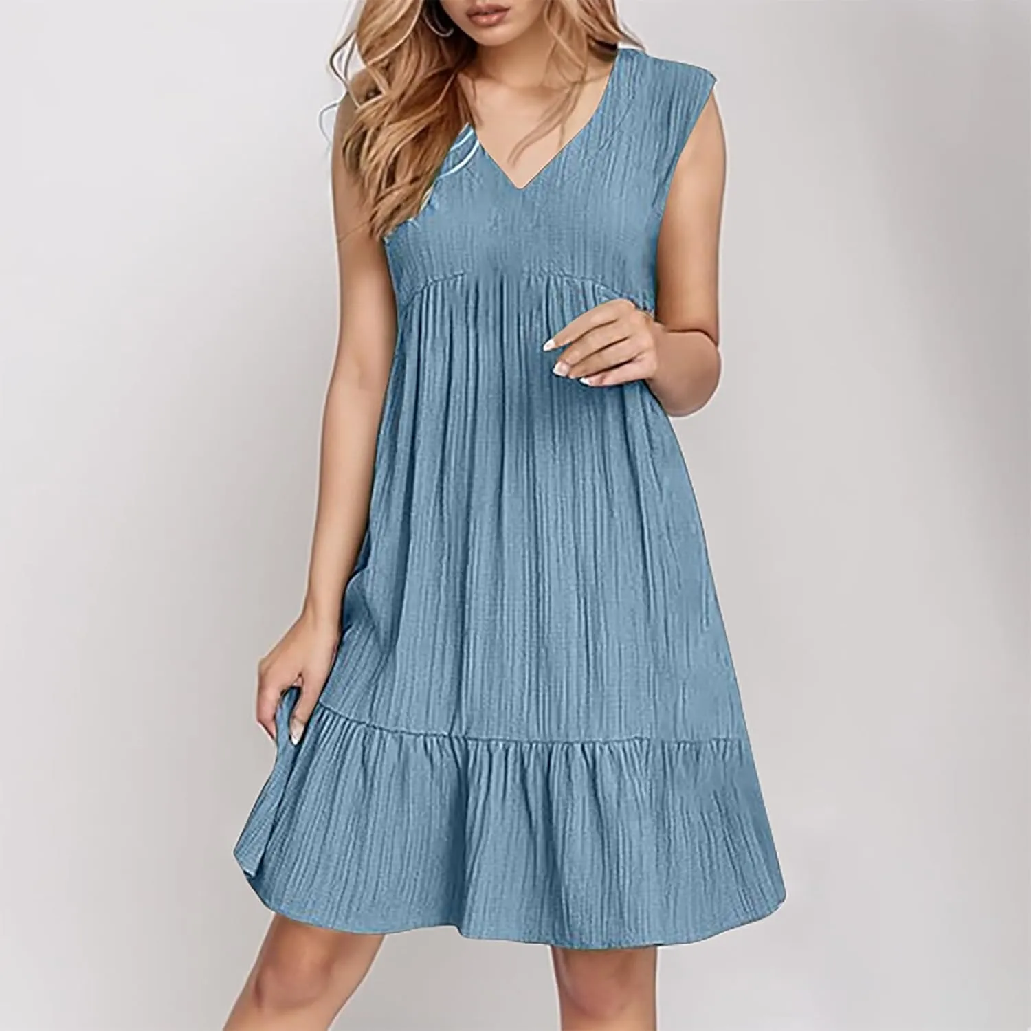 Petite Summer Dresses for Women Casual Sleeveless V Neck Mini Dress Pleated Flowy Ruffle A Line Swing Beach Sundress
