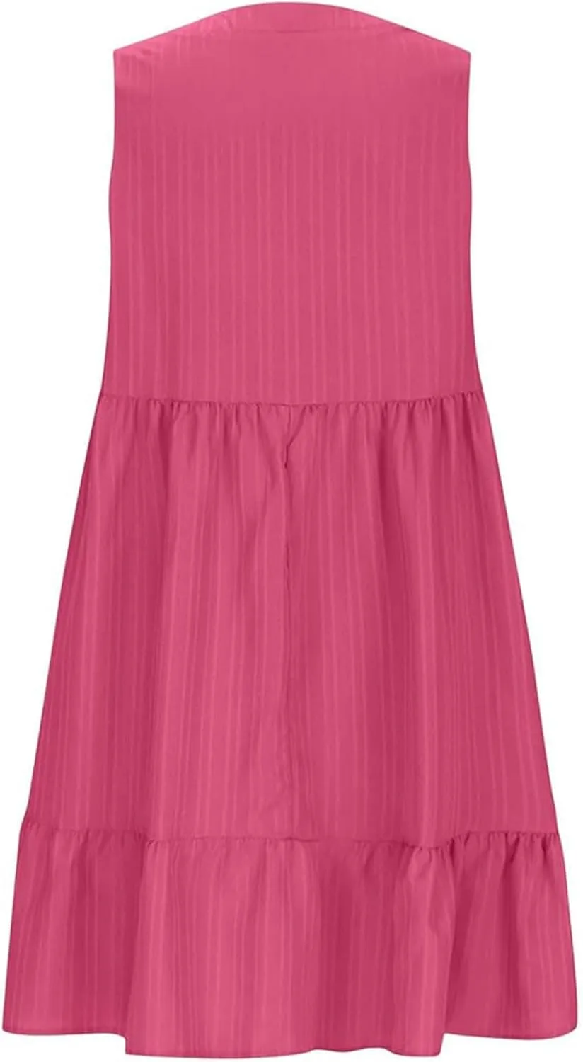 Petite Summer Dresses for Women Casual Sleeveless V Neck Mini Dress Pleated Flowy Ruffle A Line Swing Beach Sundress