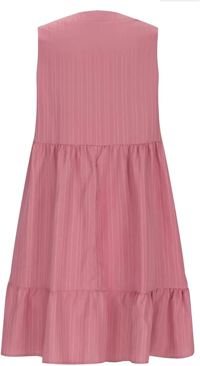 Petite Summer Dresses for Women Casual Sleeveless V Neck Mini Dress Pleated Flowy Ruffle A Line Swing Beach Sundress