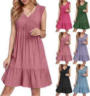 Petite Summer Dresses for Women Casual Sleeveless V Neck Mini Dress Pleated Flowy Ruffle A Line Swing Beach Sundress