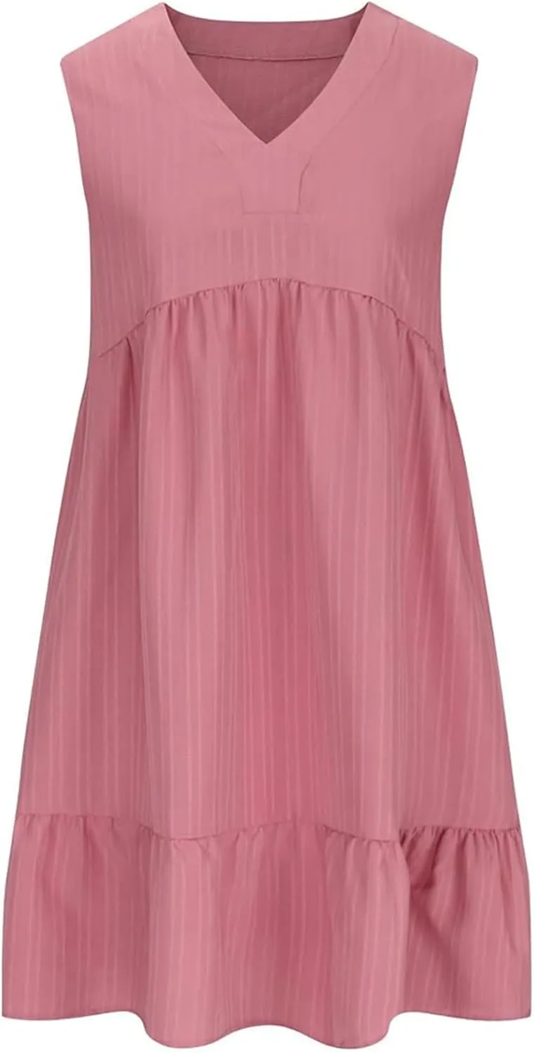 Petite Summer Dresses for Women Casual Sleeveless V Neck Mini Dress Pleated Flowy Ruffle A Line Swing Beach Sundress