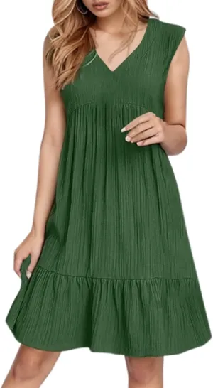 Petite Summer Dresses for Women Casual Sleeveless V Neck Mini Dress Pleated Flowy Ruffle A Line Swing Beach Sundress