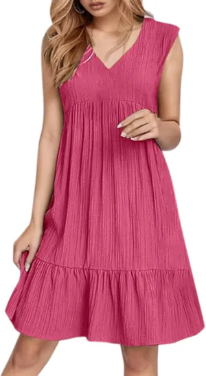 Petite Summer Dresses for Women Casual Sleeveless V Neck Mini Dress Pleated Flowy Ruffle A Line Swing Beach Sundress