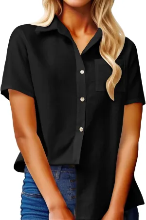 Petite Tops for Women Casual V Neck Button Down Hawaiian Shirts Solid Color Blouse Tees Front Pocket T-Shirts