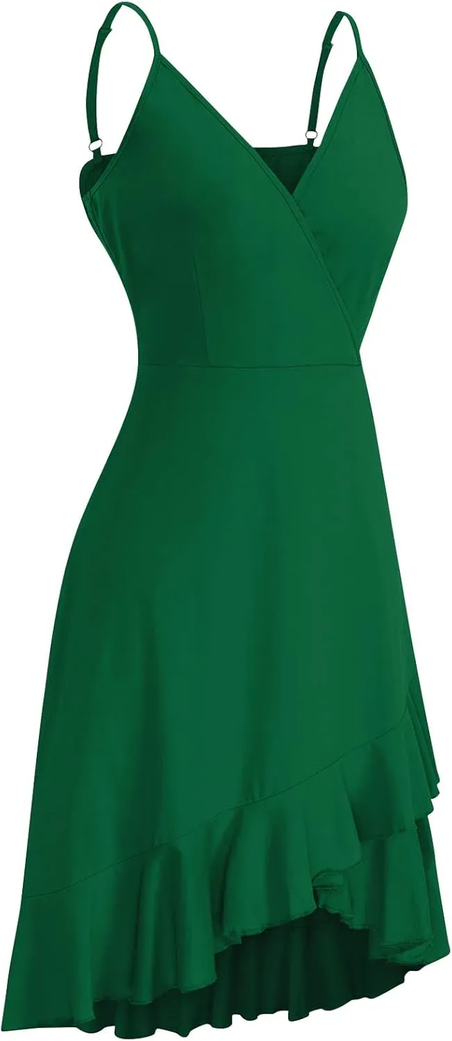 PETYCZEN Mini Dresses for Women Summer Sexy V Neck Sleeveless Wrap Slip Dress Casual Spaghetti Strap Ruffle Dress Sundresses