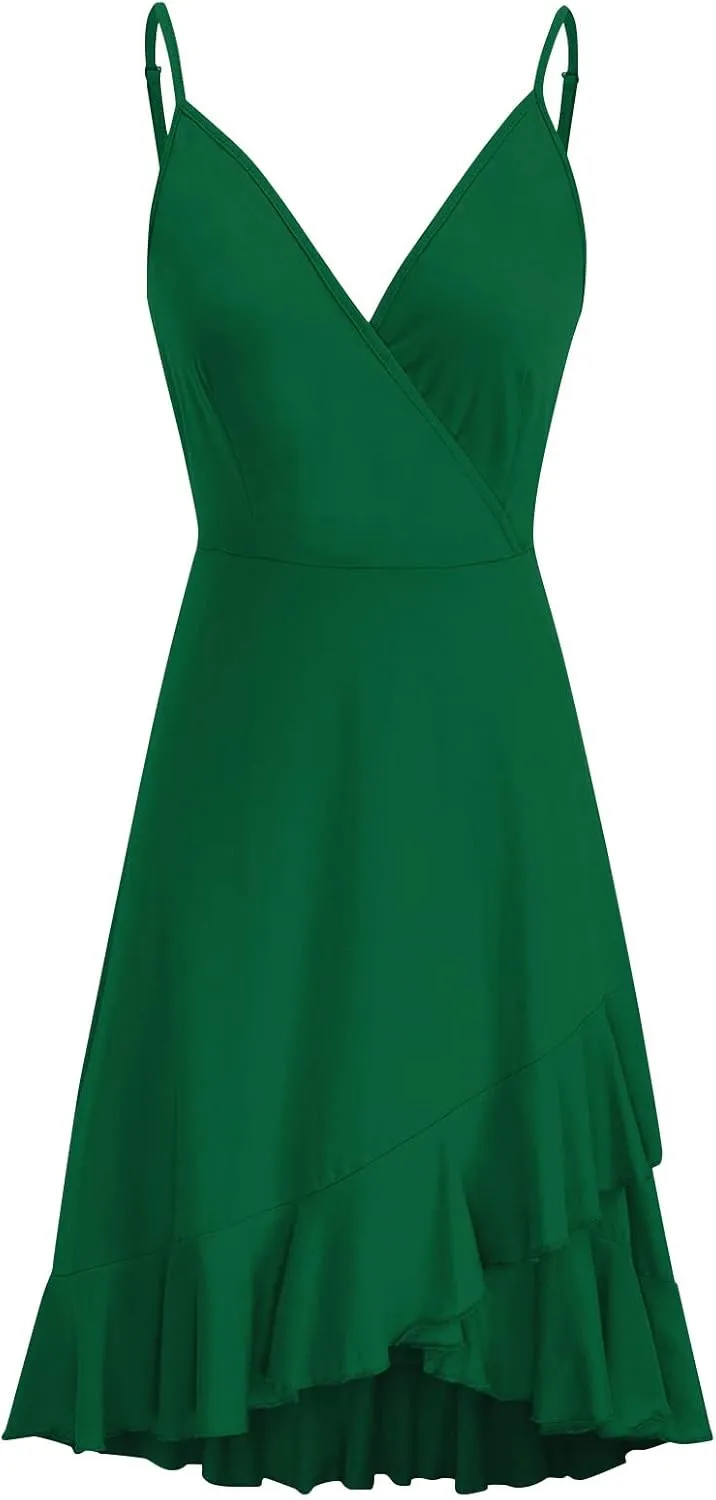 PETYCZEN Mini Dresses for Women Summer Sexy V Neck Sleeveless Wrap Slip Dress Casual Spaghetti Strap Ruffle Dress Sundresses