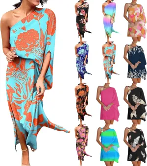 PETYCZEN One Shoulder Dresses for Women Summer Floral Print Batwing Sleeve Ruched Dress Sexy Side Split Club Cocktail Dresses