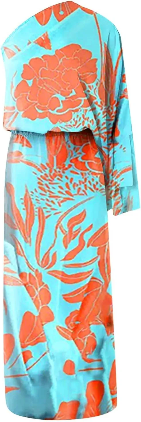 PETYCZEN One Shoulder Dresses for Women Summer Floral Print Batwing Sleeve Ruched Dress Sexy Side Split Club Cocktail Dresses