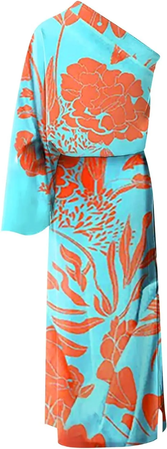 PETYCZEN One Shoulder Dresses for Women Summer Floral Print Batwing Sleeve Ruched Dress Sexy Side Split Club Cocktail Dresses