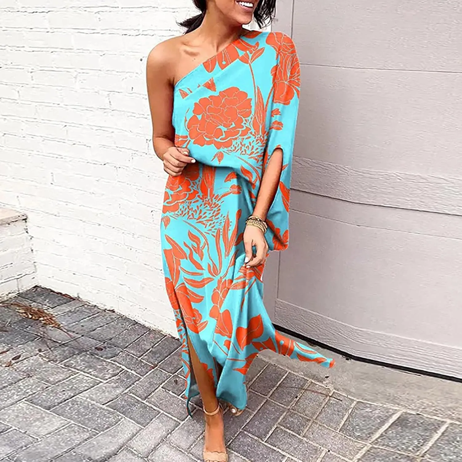 PETYCZEN One Shoulder Dresses for Women Summer Floral Print Batwing Sleeve Ruched Dress Sexy Side Split Club Cocktail Dresses
