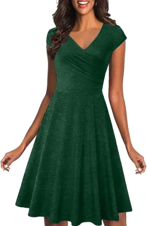 PETYCZEN Party Dresses for Women 2023 Casual Wrap V Neck Short Sleeve Mini Swing Dress Knee Length Ruffle Cocktail Sun Dress