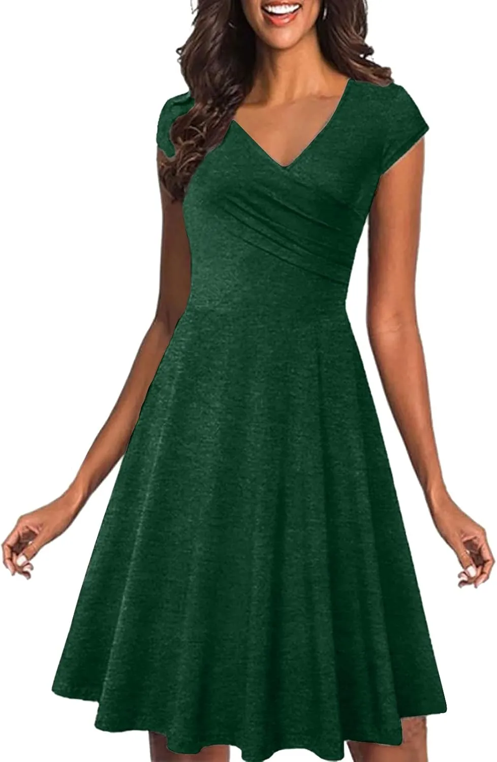 PETYCZEN Party Dresses for Women 2023 Casual Wrap V Neck Short Sleeve Mini Swing Dress Knee Length Ruffle Cocktail Sun Dress