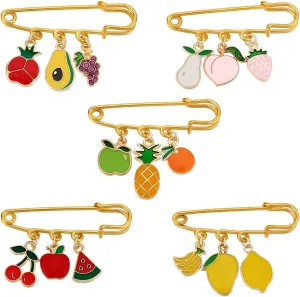 PH PandaHall 5 Styles Safety Pin Brooches 5pcs Fruit Alloy Enamel Pins Sweater Shawl Clips Orange Peach Strawberry Brooches Golden Iron Kilt Pin for Women Wedding Party Clothing Dress Decoration