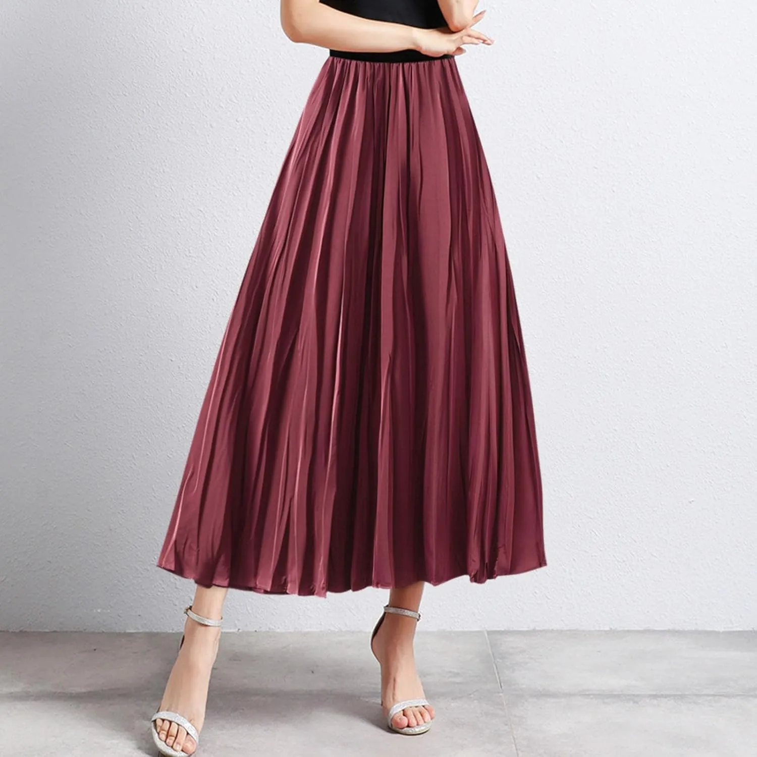 Pleated Midi Skirts for Women 2025 Summer Solid Color Flowy Swing A-Line Elastic Waisted Long Skirt
