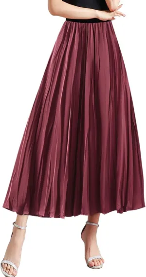 Pleated Midi Skirts for Women 2025 Summer Solid Color Flowy Swing A-Line Elastic Waisted Long Skirt