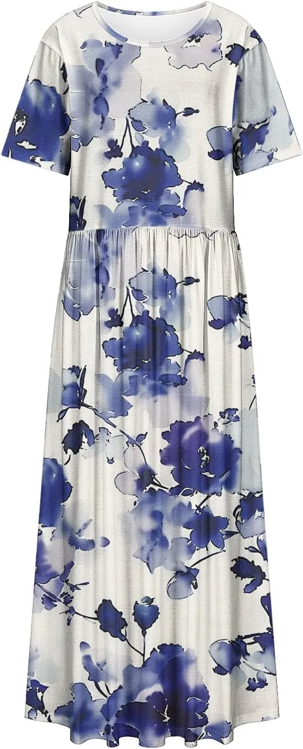 Plus Size Beach Dresses for Women 2024 Vacation Printed Sundresses Midi Flowy Casual Floral Long Outfit Short Sleeve