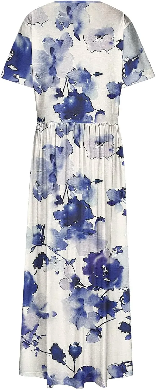 Plus Size Beach Dresses for Women 2024 Vacation Printed Sundresses Midi Flowy Casual Floral Long Outfit Short Sleeve