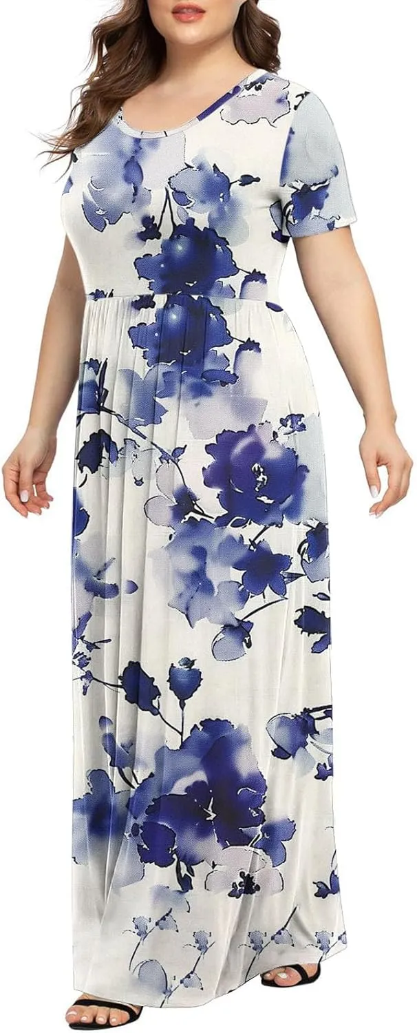 Plus Size Beach Dresses for Women 2024 Vacation Printed Sundresses Midi Flowy Casual Floral Long Outfit Short Sleeve