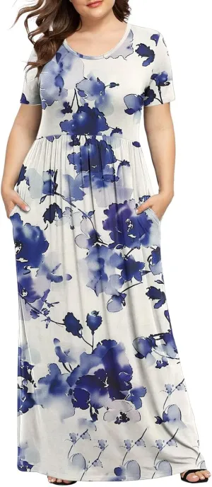 Plus Size Beach Dresses for Women 2024 Vacation Printed Sundresses Midi Flowy Casual Floral Long Outfit Short Sleeve