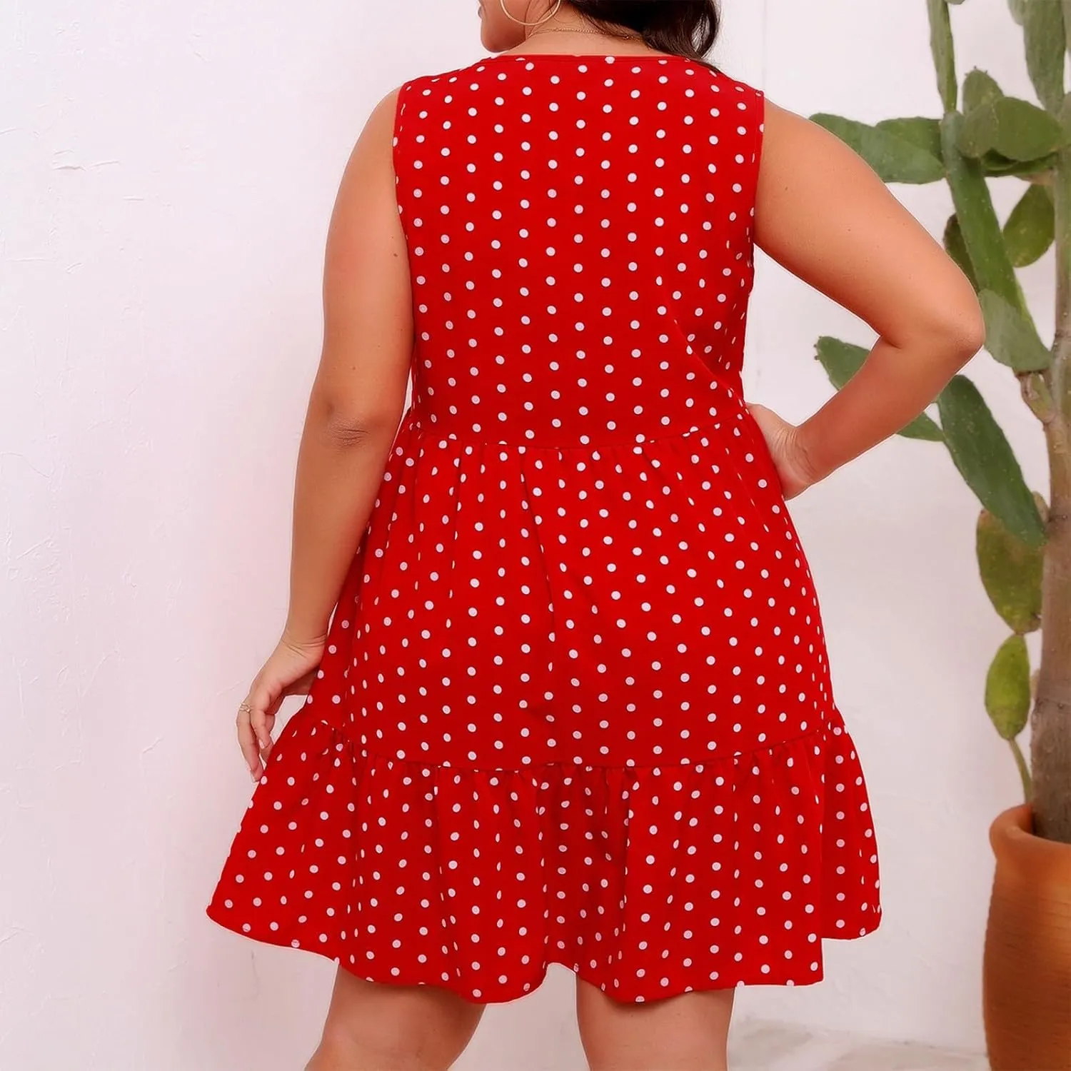 Plus Size Dresses for Women 2025 Polka Dot Casual Ruffle Smocked Dress Soft Round Neck Beach Vacation 1950'S Dresses