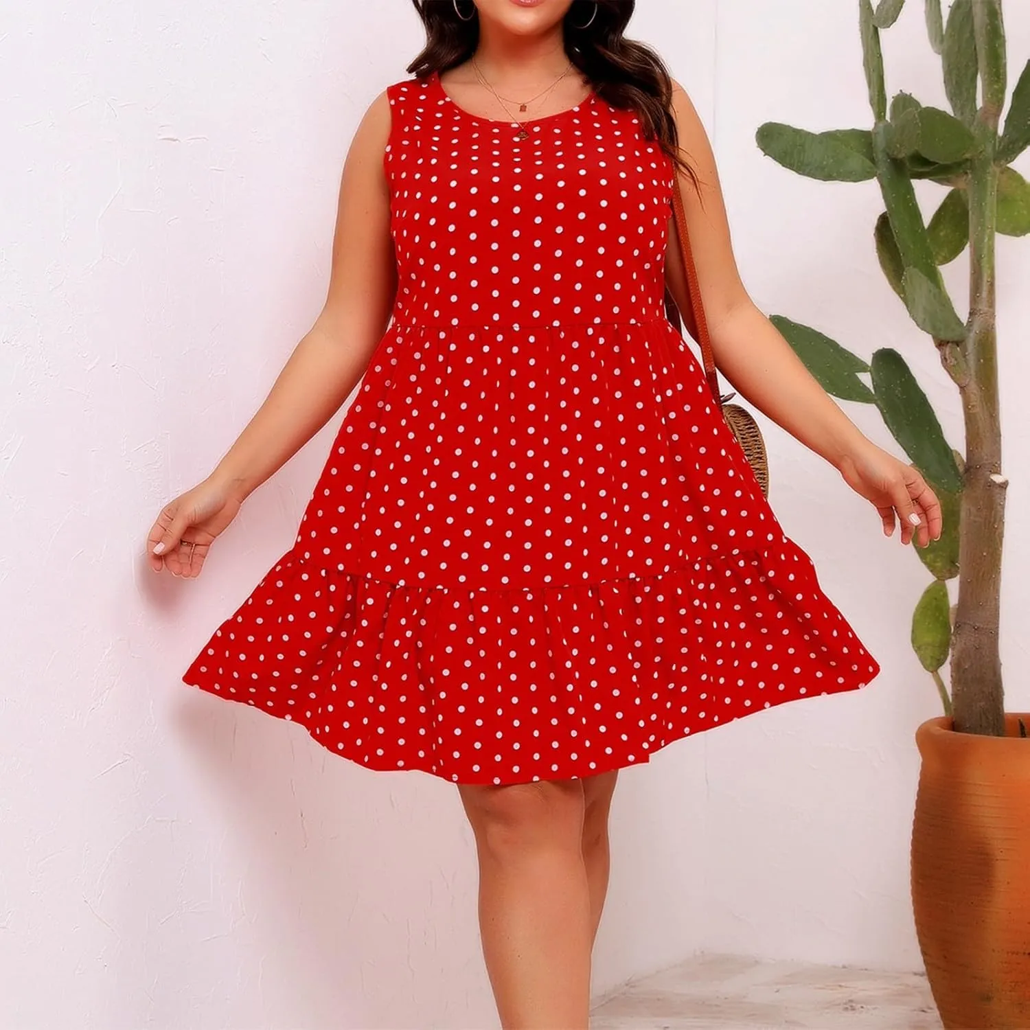 Plus Size Dresses for Women 2025 Polka Dot Casual Ruffle Smocked Dress Soft Round Neck Beach Vacation 1950'S Dresses